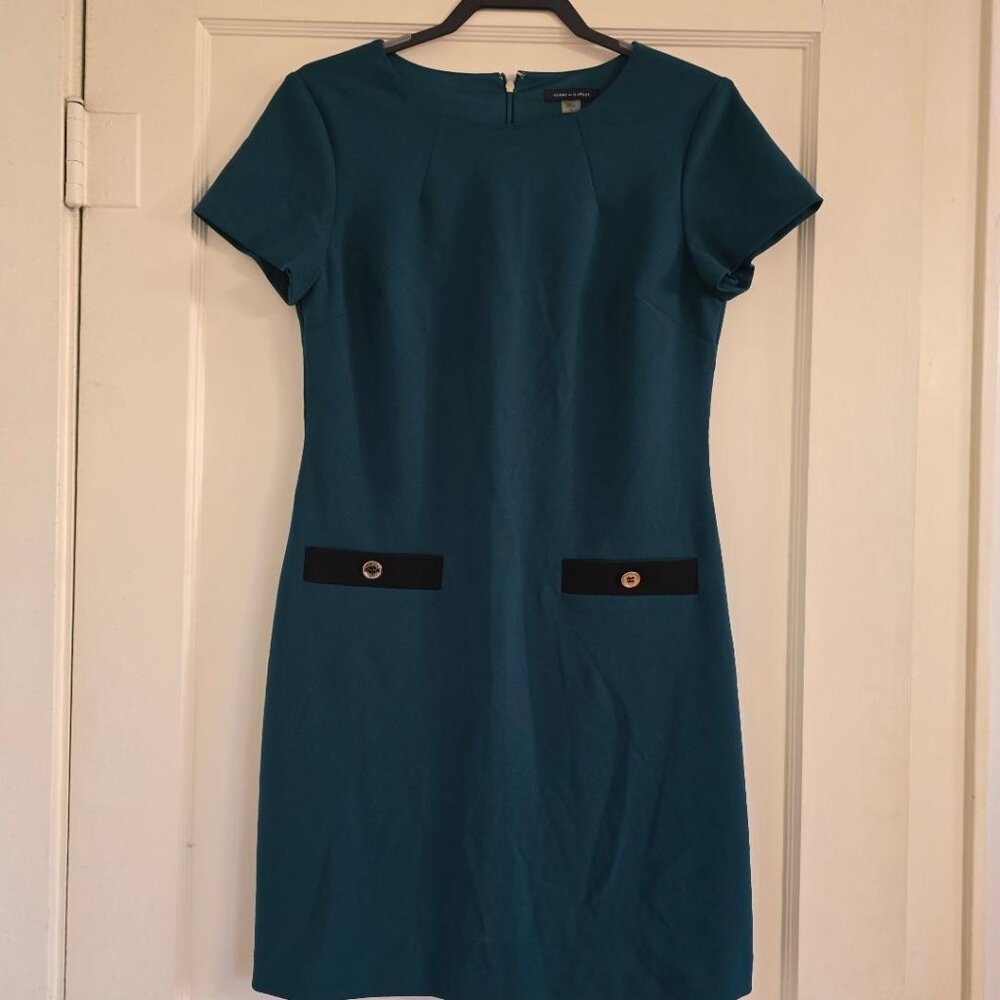 Tommy Hilfiger Hunter Green Petite Grid-Knit Short-Cap Sleeve Shift Mini Dress 8